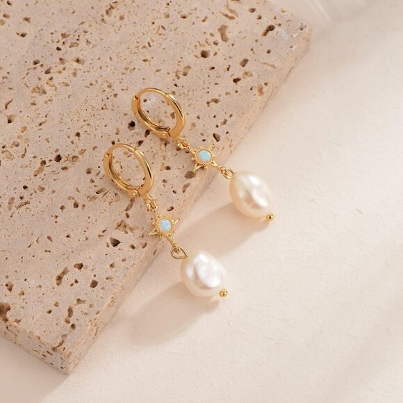 Pearl Drop Earrings Women Dangle Hoop Bridal Jewelry Lightweight Gold-Plated - Picture 5 of 6